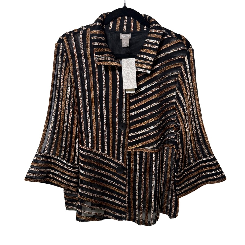 NWT Chicos Travelers‎ 2 Large Petite Animal Stripe Jacket Leopard Mesh Boho Art